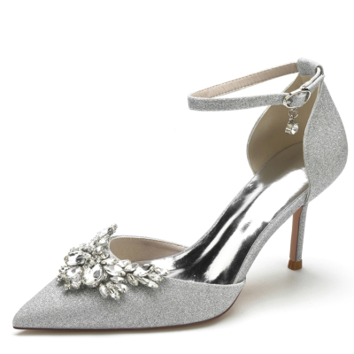 Silver Rhinestone Butterfly Pointed Toe Ankle Strap Heel Pumps