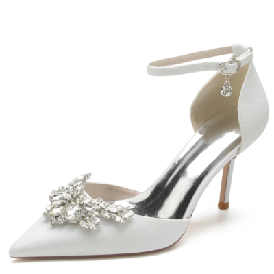 White Rhinestone Butterfly Pointed Toe Ankle Strap Heel Pumps