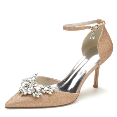 Champange Rhinestone Butterfly Pointed Toe Ankle Strap Heel Pumps