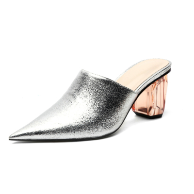 Silver Women's Clear Block Heel Metallic Mules Heels Slip-on Pointed Shoes
