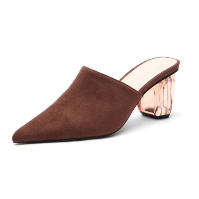 Brown Women's Clear Block Heel Suede Mules Slip-on Pointed Shoes