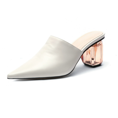 White Women's Clear Block Heel Matte Mules Slip-on Pointed Shoes