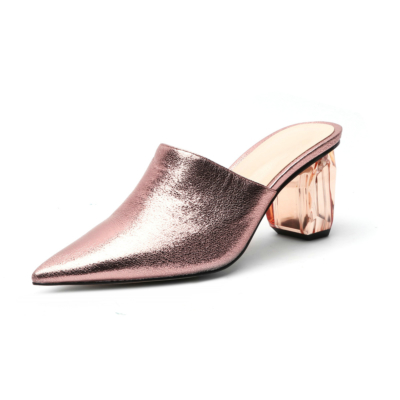 Rose Gold Women's Clear Block Heel Metallic Mules Heels Slip-on Pointed Shoes