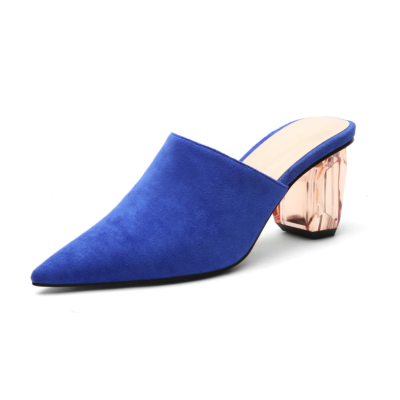 Royal Blue Women's Clear Block Heel Suede Mules Slip-on Pointed Shoes