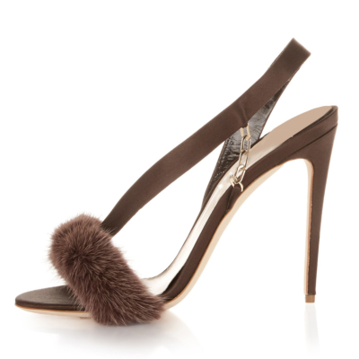 Brown Summer Faux Fur Slingback Stiletto Heel Sandals for Party