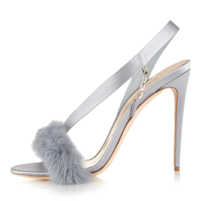 Grey Summer Faux Fur Slingback Stiletto Heel Sandals for Party