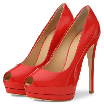 Red Summer Peep Toe Mirror Stiletto Platform Pumps Heels