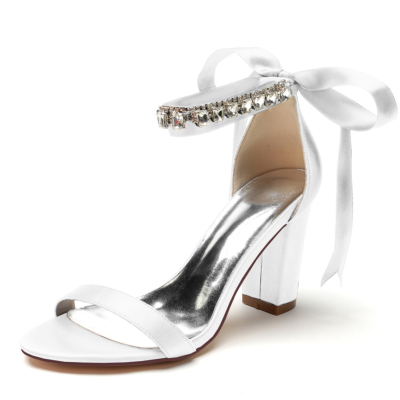 White Open Toe Back Bow Wedding Sandals Rhinestone Ankle Strap Heels Shoes