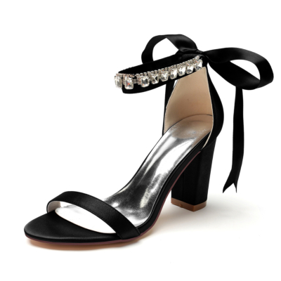 Black Open Toe Back Bow Wedding Sandals Rhinestone Ankle Strap Heels Shoes