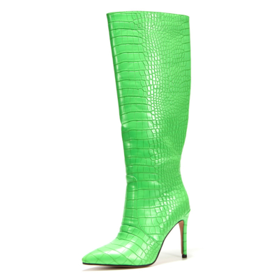 Neon Heeled Boots Snake Print Stiletto Heels Knee High Boots For Winter