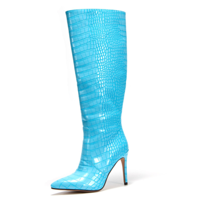 Neon Blue Heeled Boots Snake Print Stiletto Heels Knee High Boots For Winter