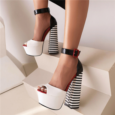 Platform Sandals Stripped High Heels Shoes With Ankle Strap