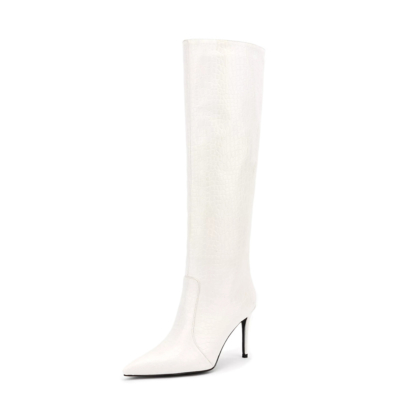 White Snake Prints Boots Stiletto Knee High Boots 4 Inches High Heels