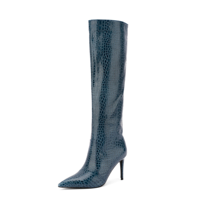 Dark Blue Snake Prints Boots Stiletto Knee High Boots 4 Inches High Heels