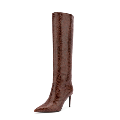 Brown Snake Prints Boots Stiletto Knee High Boots 4 Inches High Heels
