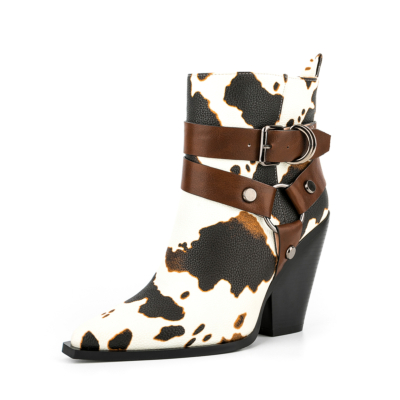 Cow Print Ankle Boots Pointed Toe Women Booties Block Heels