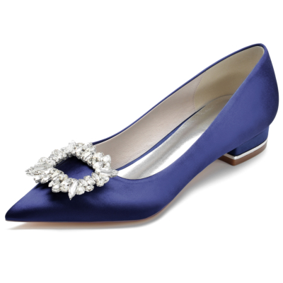 Navy Jewelled Buckle Flats Satin Pointed Toe Shoes