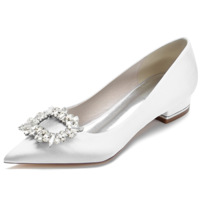 White Jewelled Buckle Flats Satin Pointed Toe Shoes