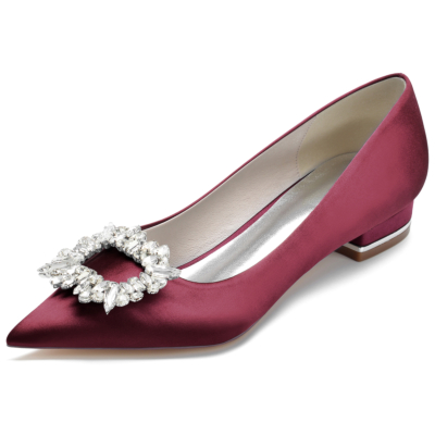 Burgundy Jewelled Buckle Flats Satin Pointed Toe Shoes