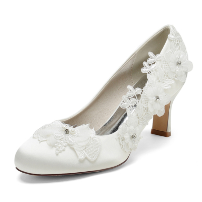 Ivory Almond Toe Flowers Satin Low Heel Pumps Wedding Shoes