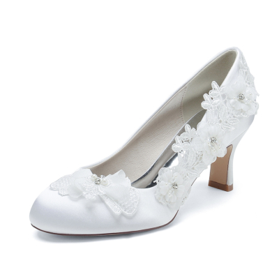 White Almond Toe Flowers Satin Low Heel Pumps Wedding Shoes