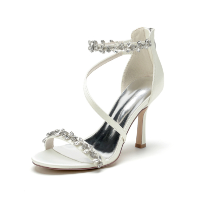 Ivory White Satin Rhinestone Open Toe Stiletto Heel Wedding Sandals