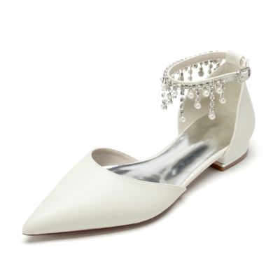 Ivory White Satin Pointed Toe Pearl Fringe Ankle Strp Flat Shoes