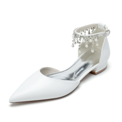 White Satin Pointed Toe Pearl Fringe Ankle Strp Flat Shoes