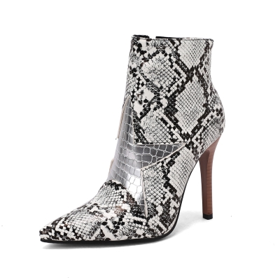 Grey Star Snake Print Pointed Toe Ankle Boots Stiletto Heel Boots