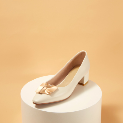 White Leather Almond Toe Chunky Heel Women's Pumps