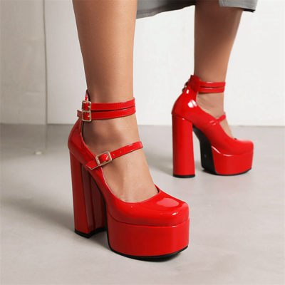 Red Platform Block Heel Pumps Strappy Mary Jane With Closed Toe