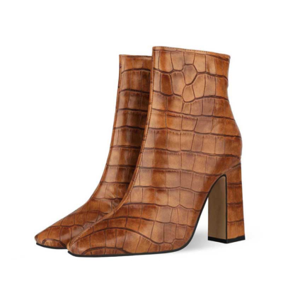 Brown Aligator Printed Square Toe Block Heel Dress Ankle Boots