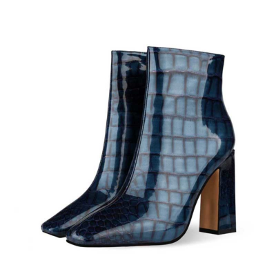 Blue Aligator Printed Square Toe Block Heel Dress Ankle Boots