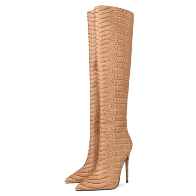 Apricot Alligator Embossed Sexy Over the Knee High Heel Boots