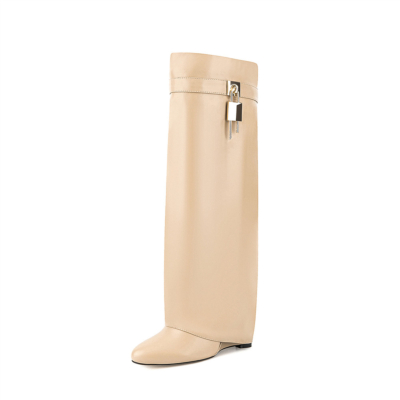 Apricot Almond Toe Fold Over Wedge Boots Lock Zip Knee High Boots