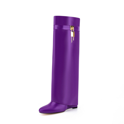 Purple Almond Toe Fold Over Wedge Boots Lock Zip Knee High Boots