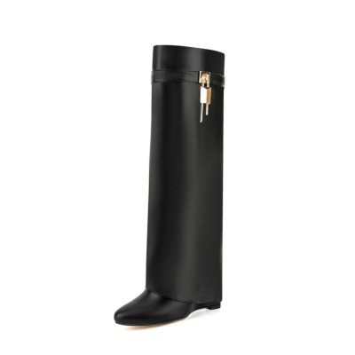 Black Almond Toe Fold Over Wedge Boots Lock Zip Knee High Boots