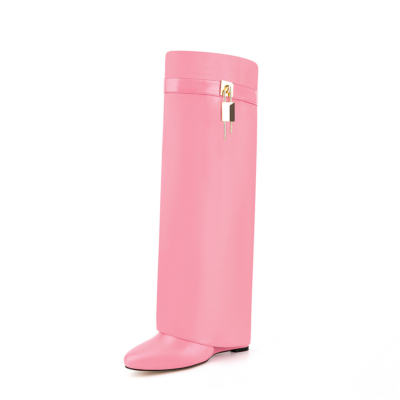 Pink Almond Toe Fold Over Wedge Boots Lock Zip Knee High Boots