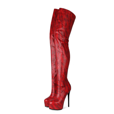 Red Snake-printed Platform Stietto Heel Over The Knee Boots
