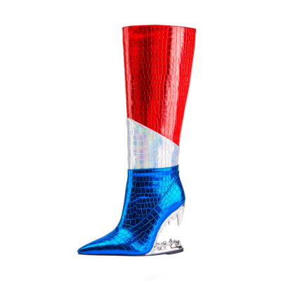 Animal Tooth Blue and Red Crocodile Print Pointed Toe Knee High Booties