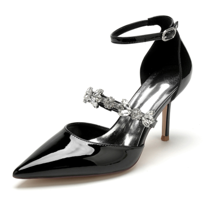 Black Ankle Strap D'orsay Middle Heel Pumps Shoes with Rhinestone Strap