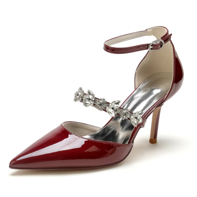 Burgundy Ankle Strap D'orsay Middle Heel Pumps Shoes with Rhinestone Strap