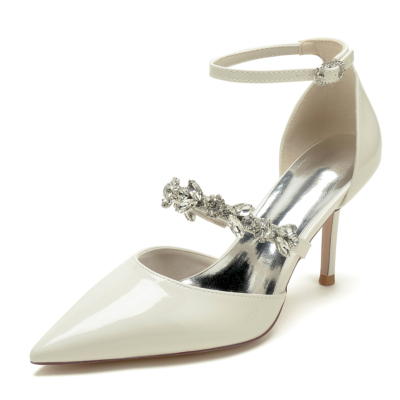 Beige Ankle Strap D'orsay Middle Heel Pumps Shoes with Rhinestone Strap