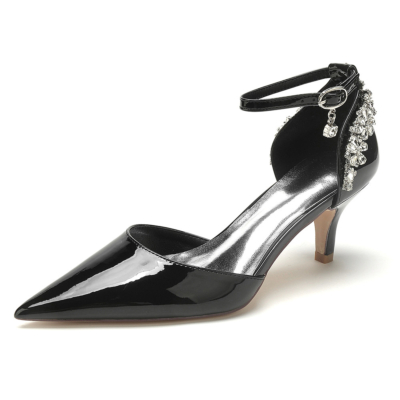 Black Ankle Strap D'orsay Pumps Kitten Heels with Back Rhinestones Embellished
