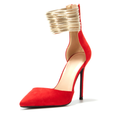 Red Ankle Strap Heels Stiletto D'orsay Dresses Pumps with Back Zipper