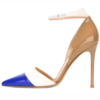 Blue and Nude High Heels 5 inch Work Shoes D'orsay Stilettos Pumps with Ankle Strap