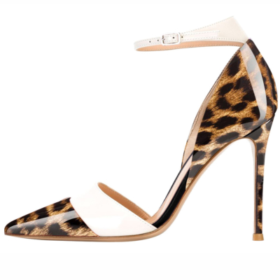 Cheetah Printed Ankle Strap High Heels 5 inch Work Shoes D'orsay Stilettos Pumps