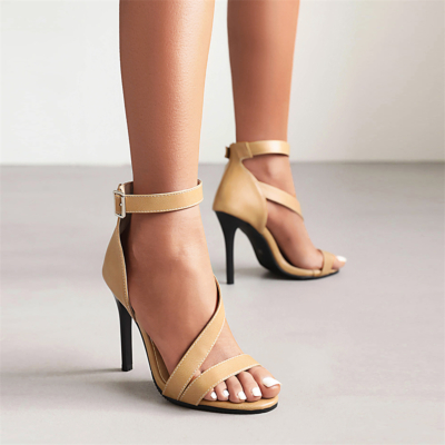 Nude Ankle Strap Open Toe Sandals Cross Strappy Stiletto Heels With Buckle