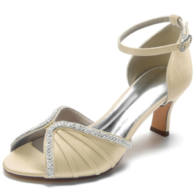 Champagne Ankle Strap Peep Toe Rhinestones Embellishments Middle Heels Satin Sandals
