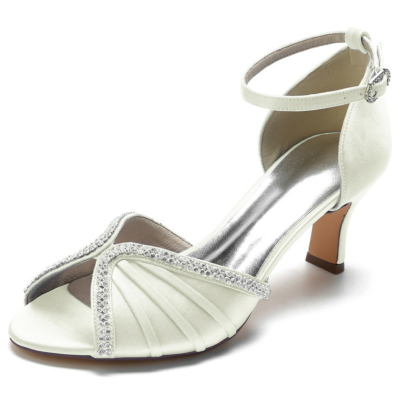 Ivory Ankle Strap Peep Toe Rhinestones Embellishments Middle Heels Satin Sandals